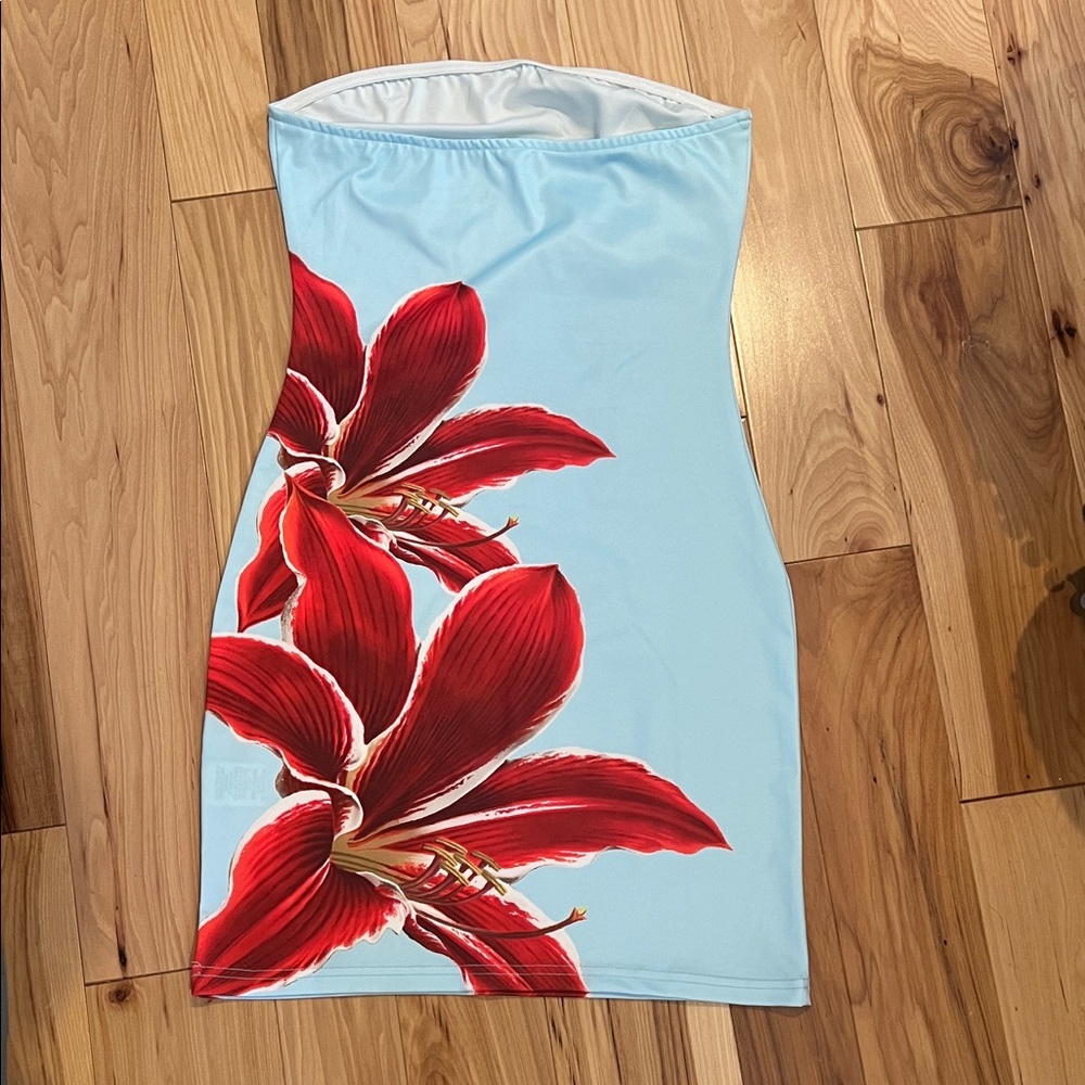 Floral Strapless Midi Dress - Red and Blue - Picture 2 of 4